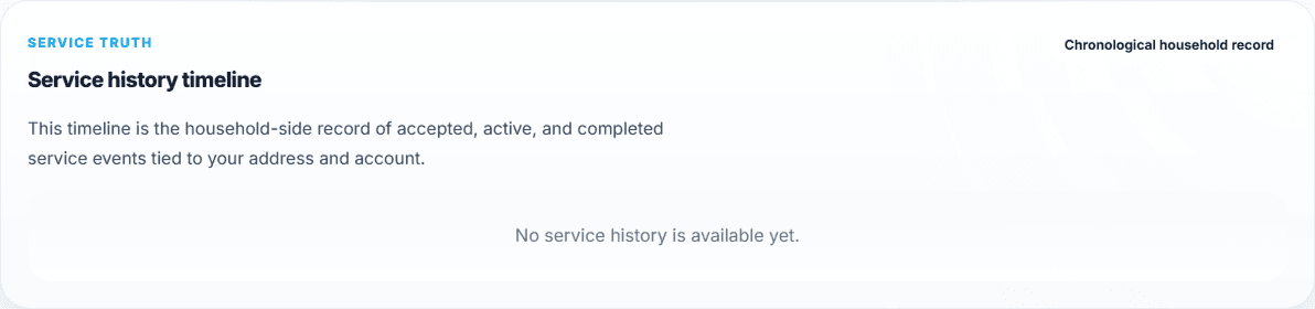 Customer My Home history card showing service record follow-through