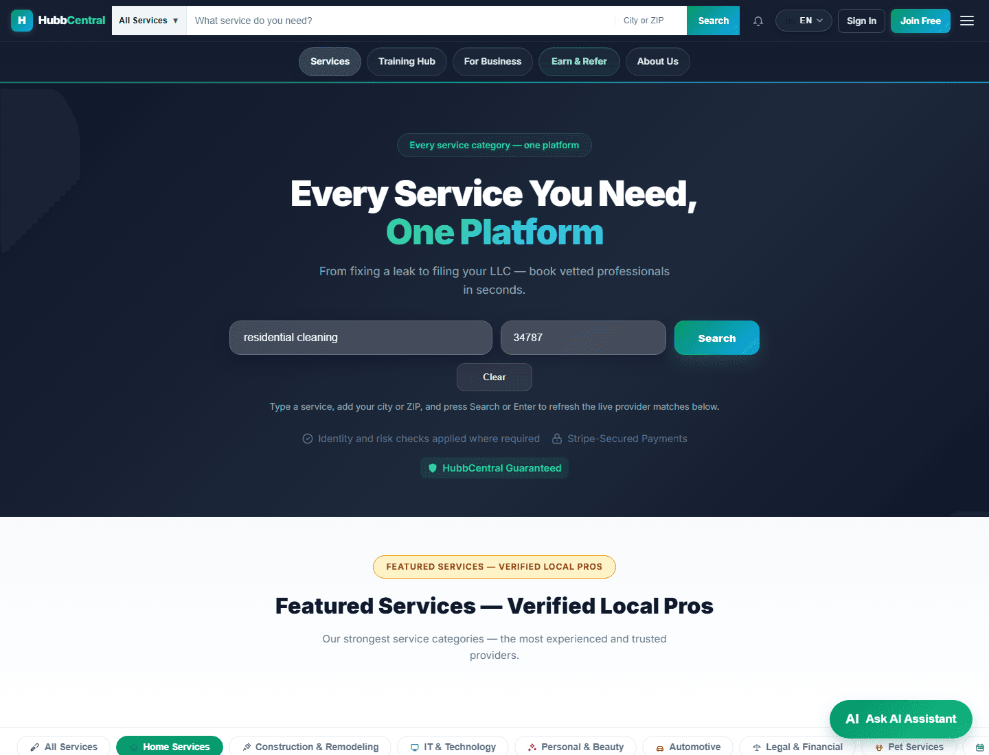 Services page after a customer search showing the top of the search results flow
