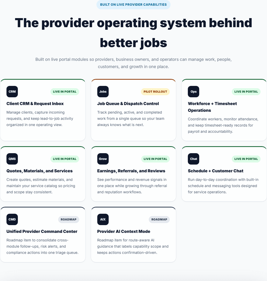 Business page provider operating-system section